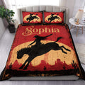 Cowgirl duvet cover set with bold red western rider artwork and matching desert sunset pillowcases