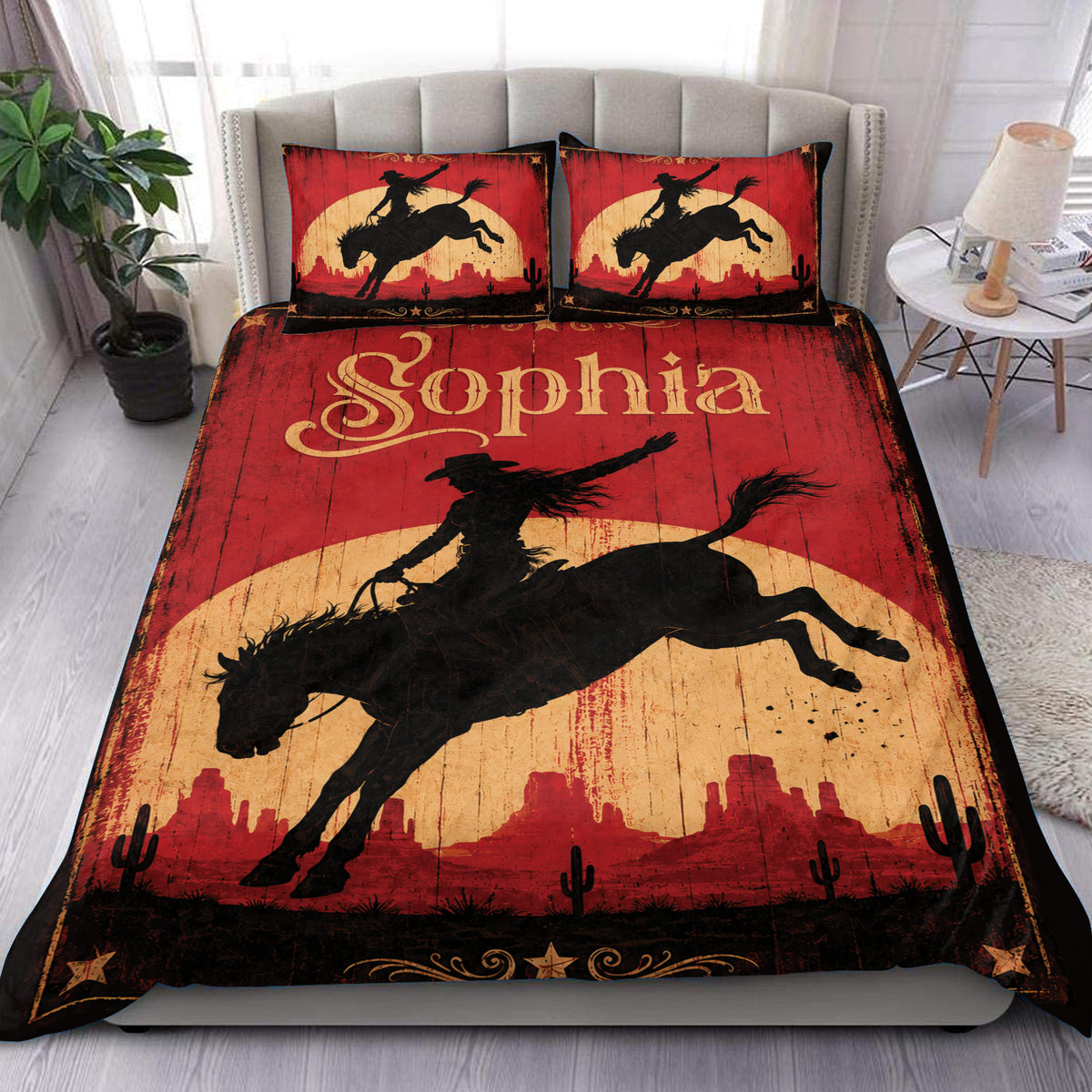 Cowgirl duvet cover set with bold red western rider artwork and matching desert sunset pillowcases