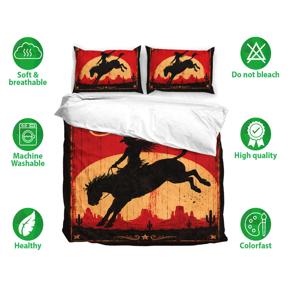 Cowgirl duvet cover bedding set displayed with western rider artwork and red desert scenery