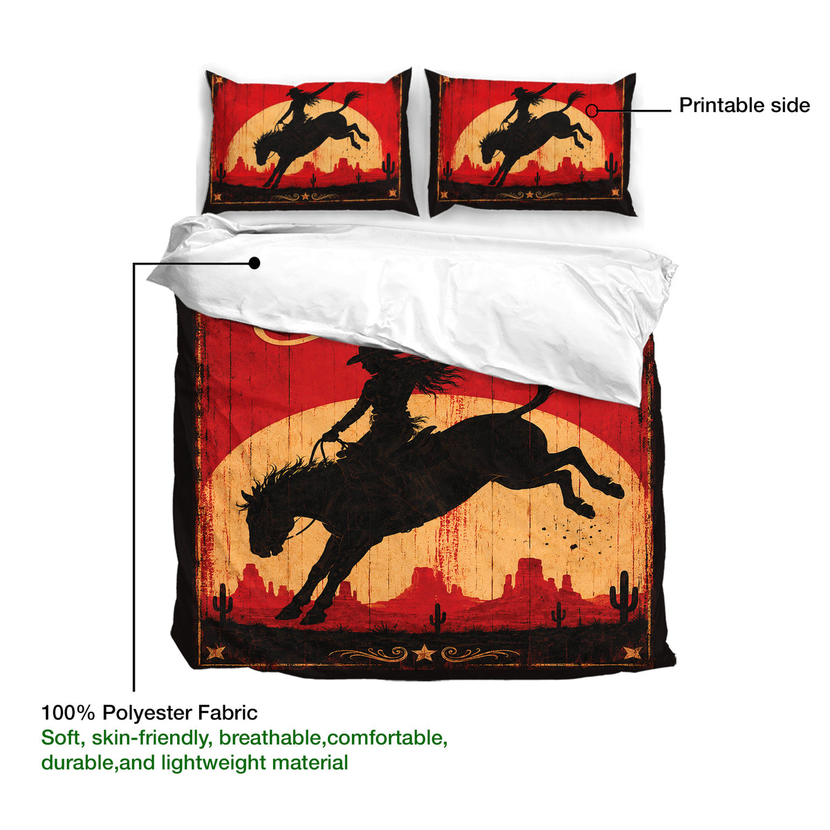 Cowgirl duvet cover set showing the printed western artwork side with horse and rider design