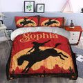 Cowgirl duvet cover bedding styled in a bedroom with red desert and western rider artwork