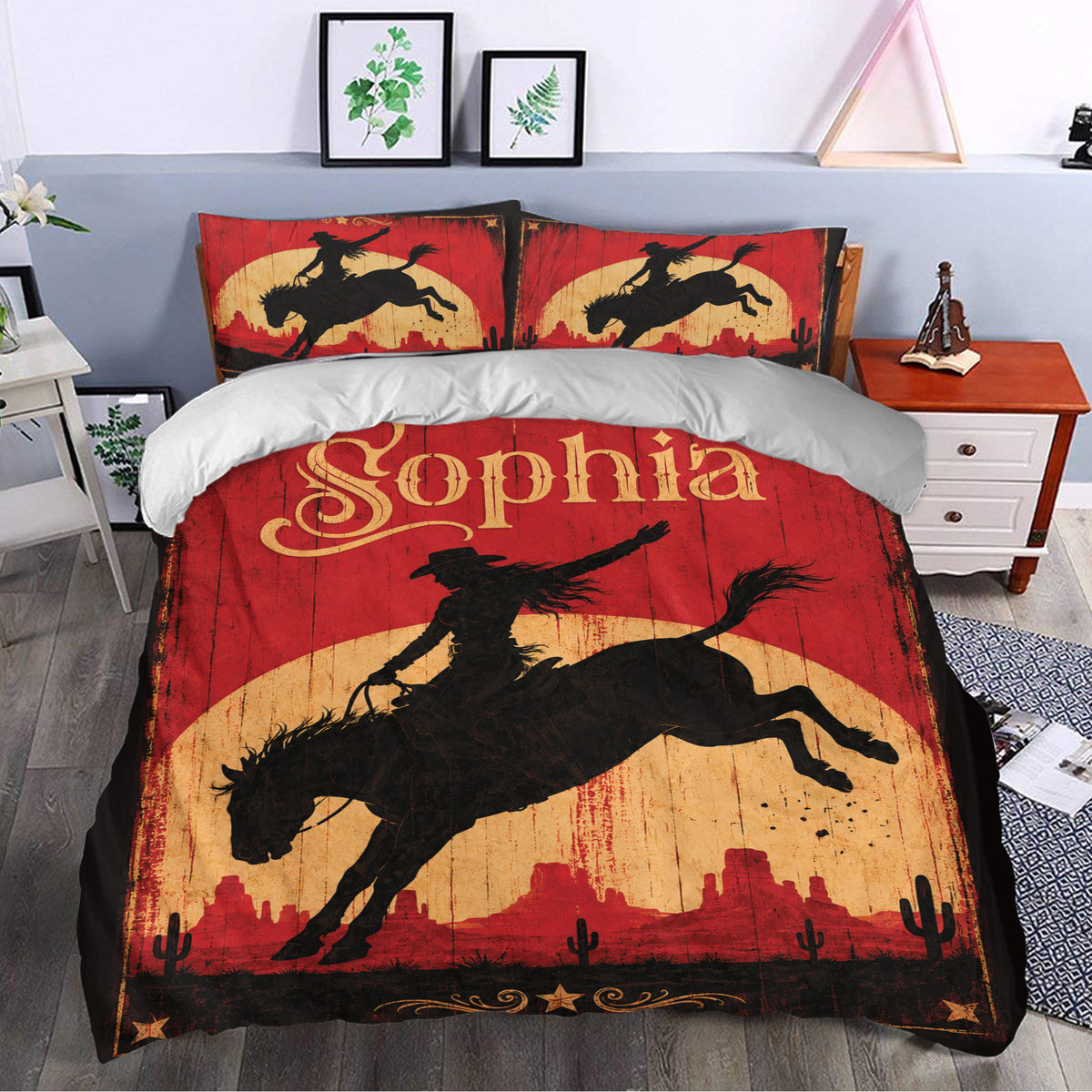 Cowgirl duvet cover bedding styled in a bedroom with red desert and western rider artwork