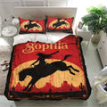 Western cowgirl duvet cover set featuring a rider on horseback, cacti, and sunset desert scenery