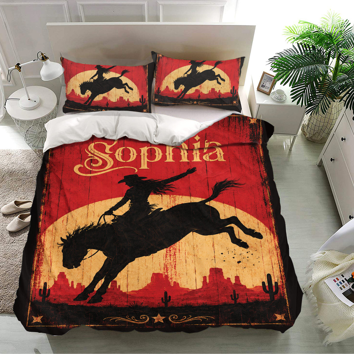 Western cowgirl duvet cover set featuring a rider on horseback, cacti, and sunset desert scenery