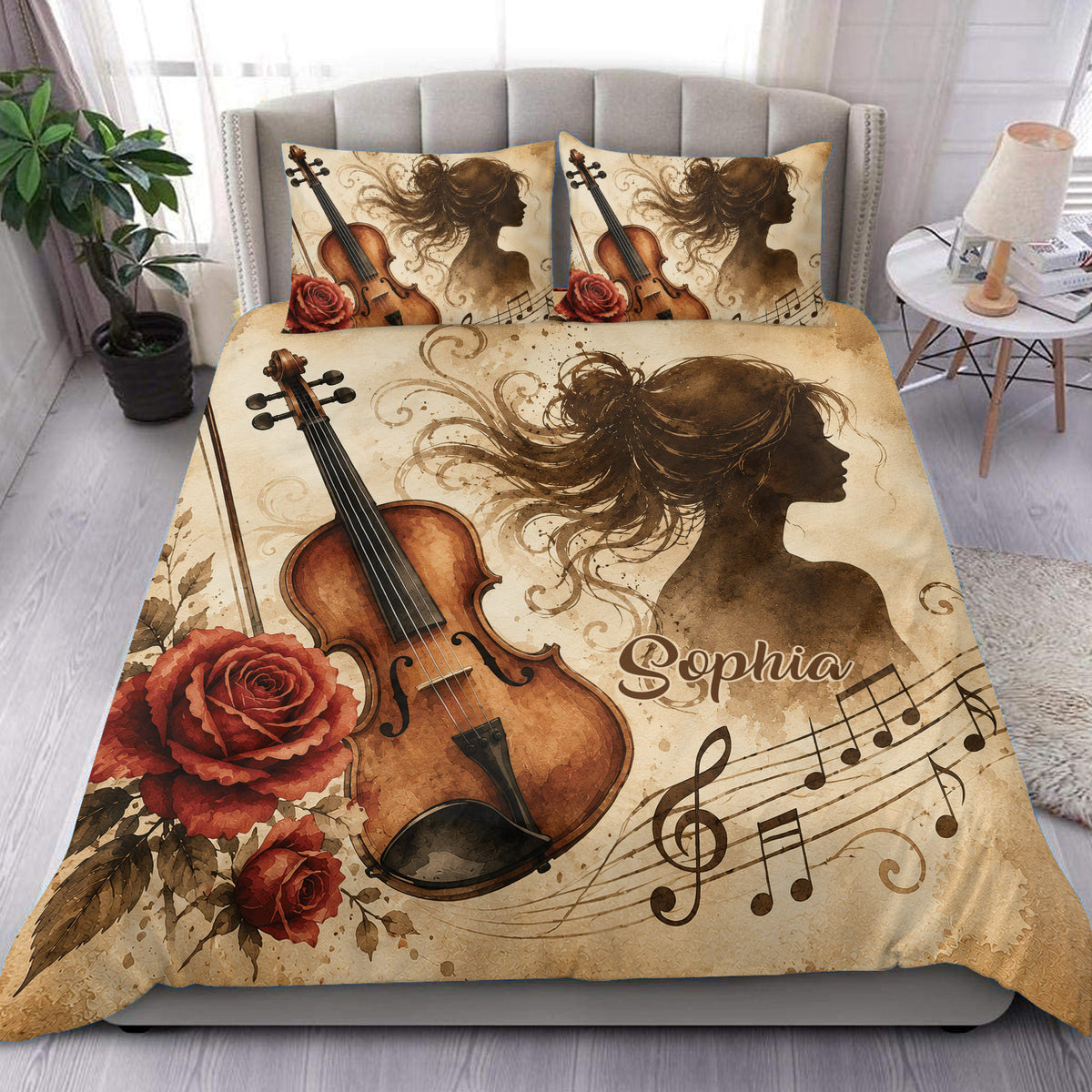 Violin duvet cover set displayed on a bed with a vintage woman silhouette, roses, and musical notes
