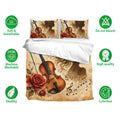 Violin bedding set shown with matching pillowcases and vintage music artwork in warm sepia tones