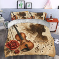 Violin bedding displayed in a bedroom with a woman silhouette, roses, sheet music, and warm brown tones