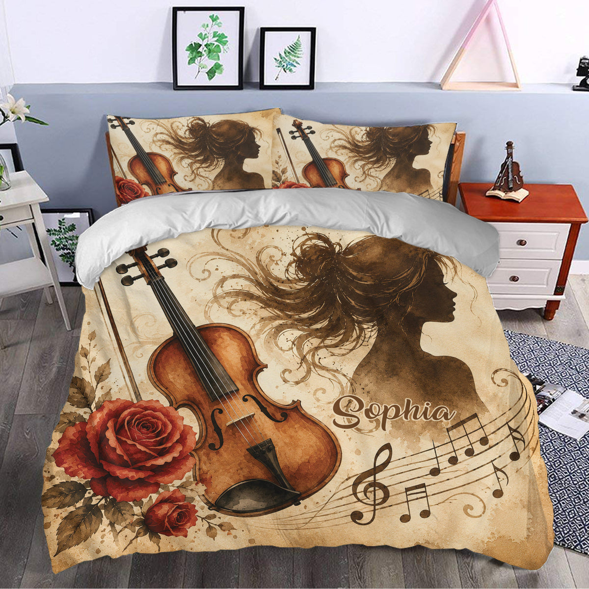 Violin bedding displayed in a bedroom with a woman silhouette, roses, sheet music, and warm brown tones