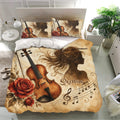 Classical music duvet cover set styled in a bright bedroom with violin, rose, and musical note artwork