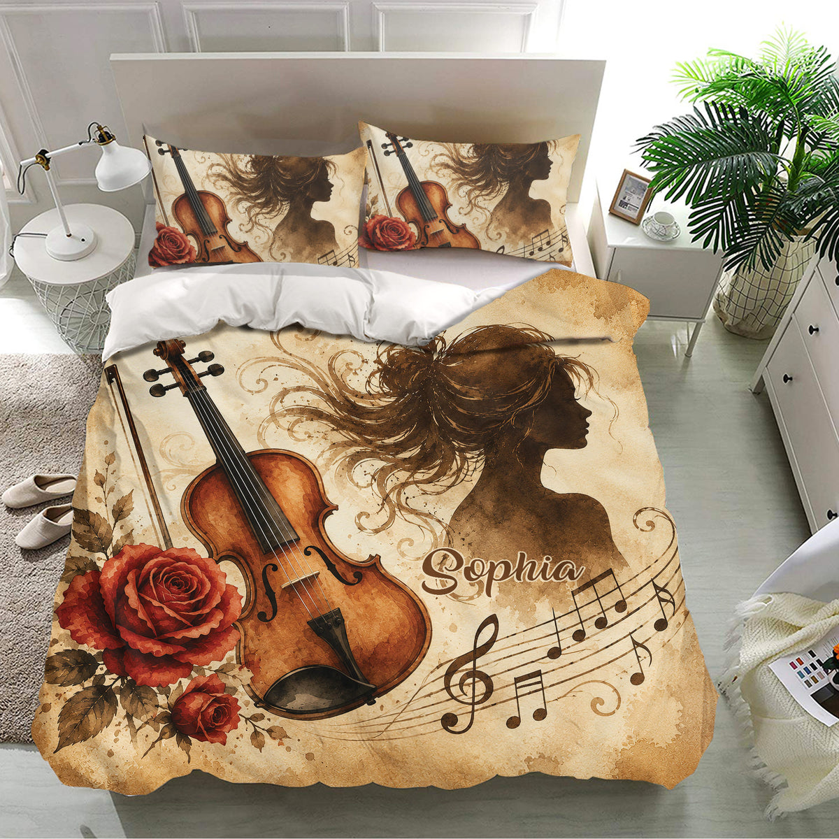 Classical music duvet cover set styled in a bright bedroom with violin, rose, and musical note artwork