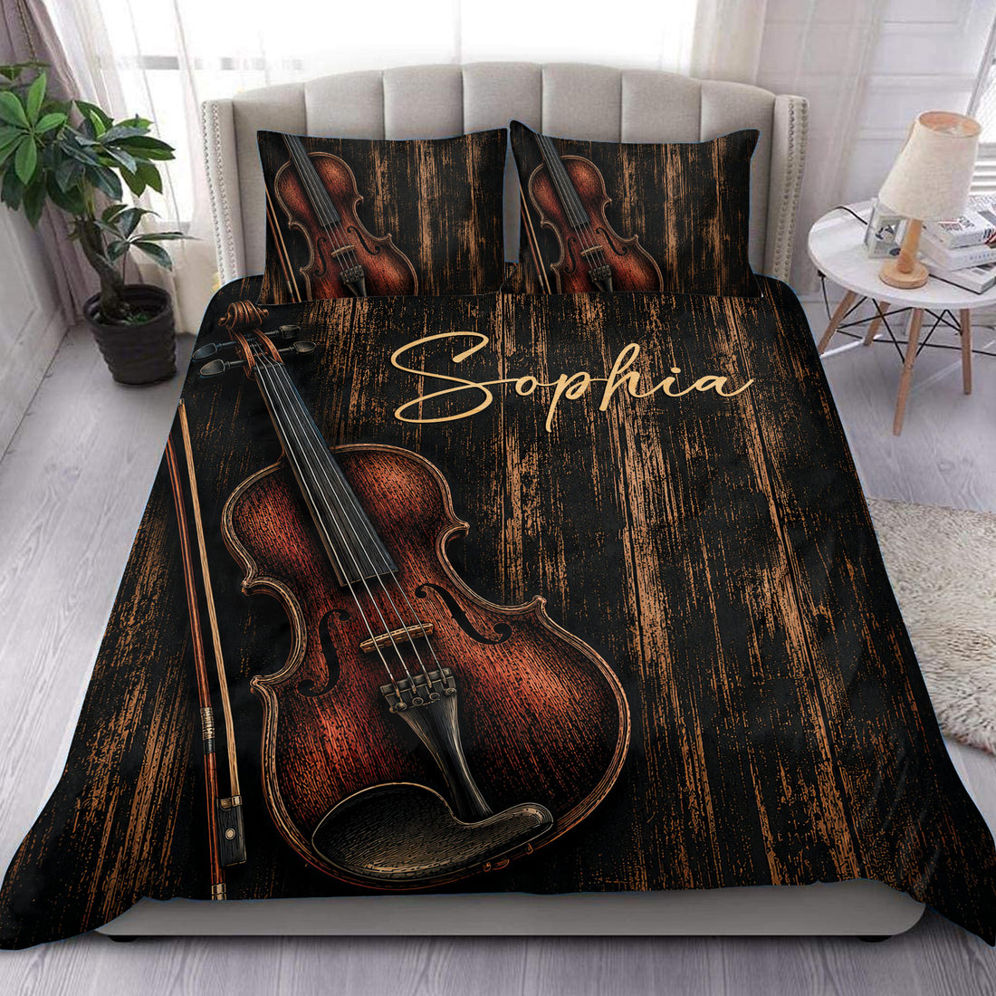 Violin duvet cover set displayed on a bed with dark wood texture, copper tones, violin, and bow artwork