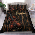 Violin duvet cover set displayed on a bed with dark wood texture, copper tones, violin, and bow artwork