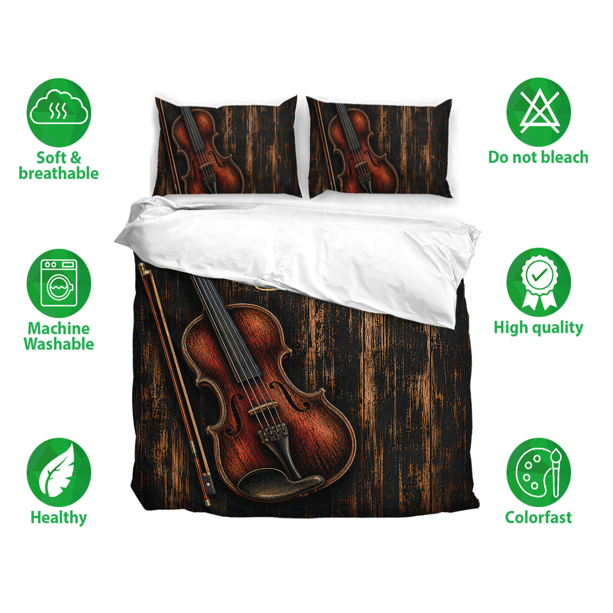 Violin bedding set shown with matching pillowcases and a rich black, copper, and rustic wood-inspired design