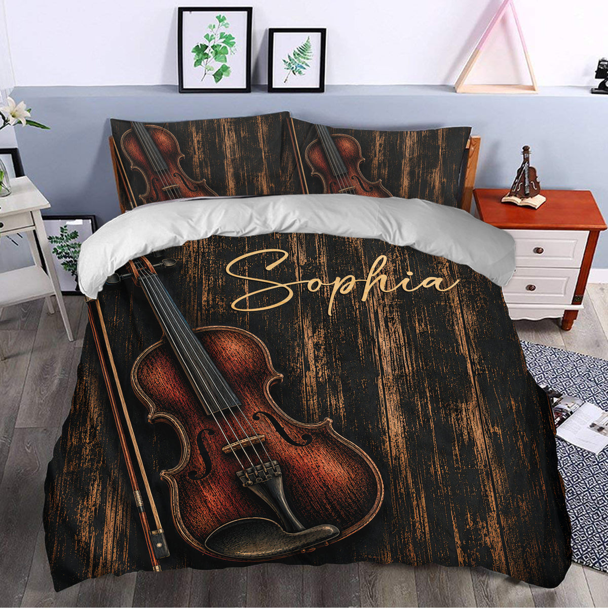 Rustic violin duvet cover styled in a bedroom with matching pillows and dramatic black and copper artwork