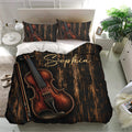 Violin bedding set presented in a bright bedroom with a large violin, bow, and textured dark wood pattern