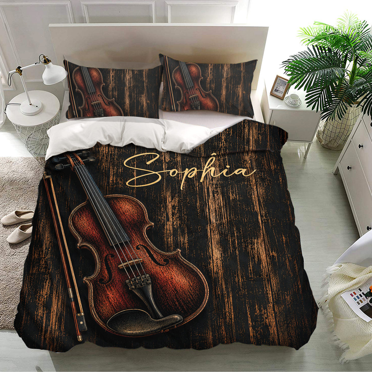 Violin bedding set presented in a bright bedroom with a large violin, bow, and textured dark wood pattern