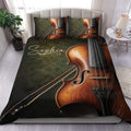 Violin duvet cover set styled on a bed with rich brown wood tones and dark green artwork