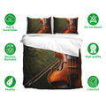 Violin bedding set displayed with matching pillowcases and soft, breathable fabric feature icons