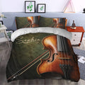 Violin duvet cover set styled in a bedroom with matching pillows and dramatic instrument artwork