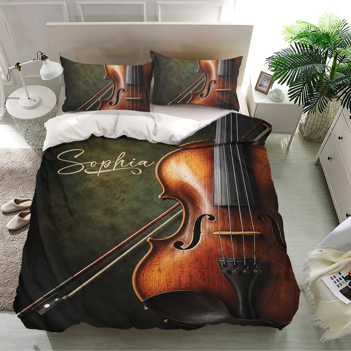Violin bedding set presented in a bright bedroom with detailed instrument artwork and matching pillows