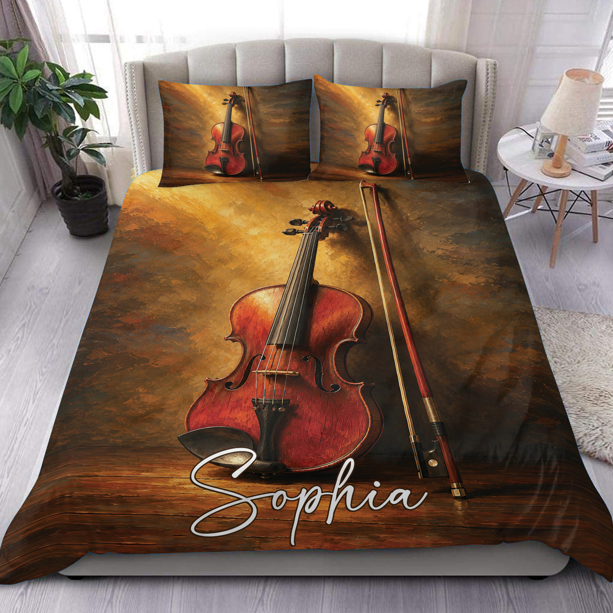 Violin duvet cover set displayed on a bed with warm amber artwork and matching pillowcases