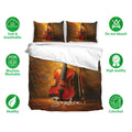 Violin bedding set shown with matching pillowcases and soft breathable fabric feature icons