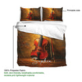 Violin duvet cover and pillowcases shown with printable artwork and fabric detail callouts