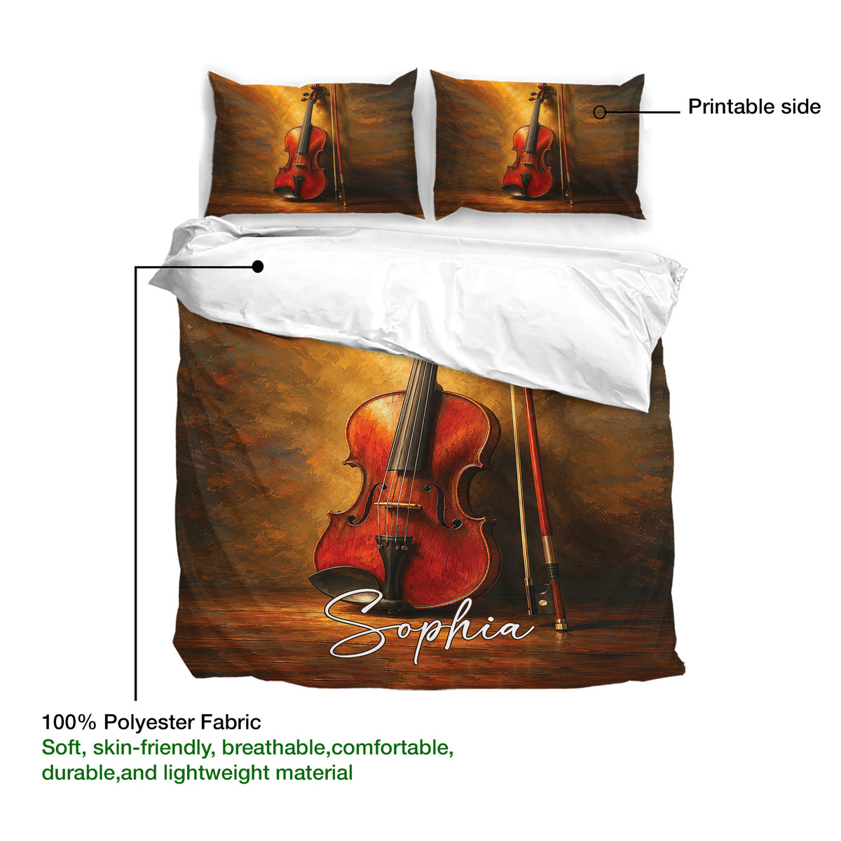 Violin duvet cover and pillowcases shown with printable artwork and fabric detail callouts