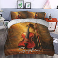 Violin duvet cover set styled in a bedroom with rich wood tones and dramatic musical artwork