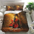 Violin bedding set displayed in a bright bedroom with matching pillowcases and artistic instrument design