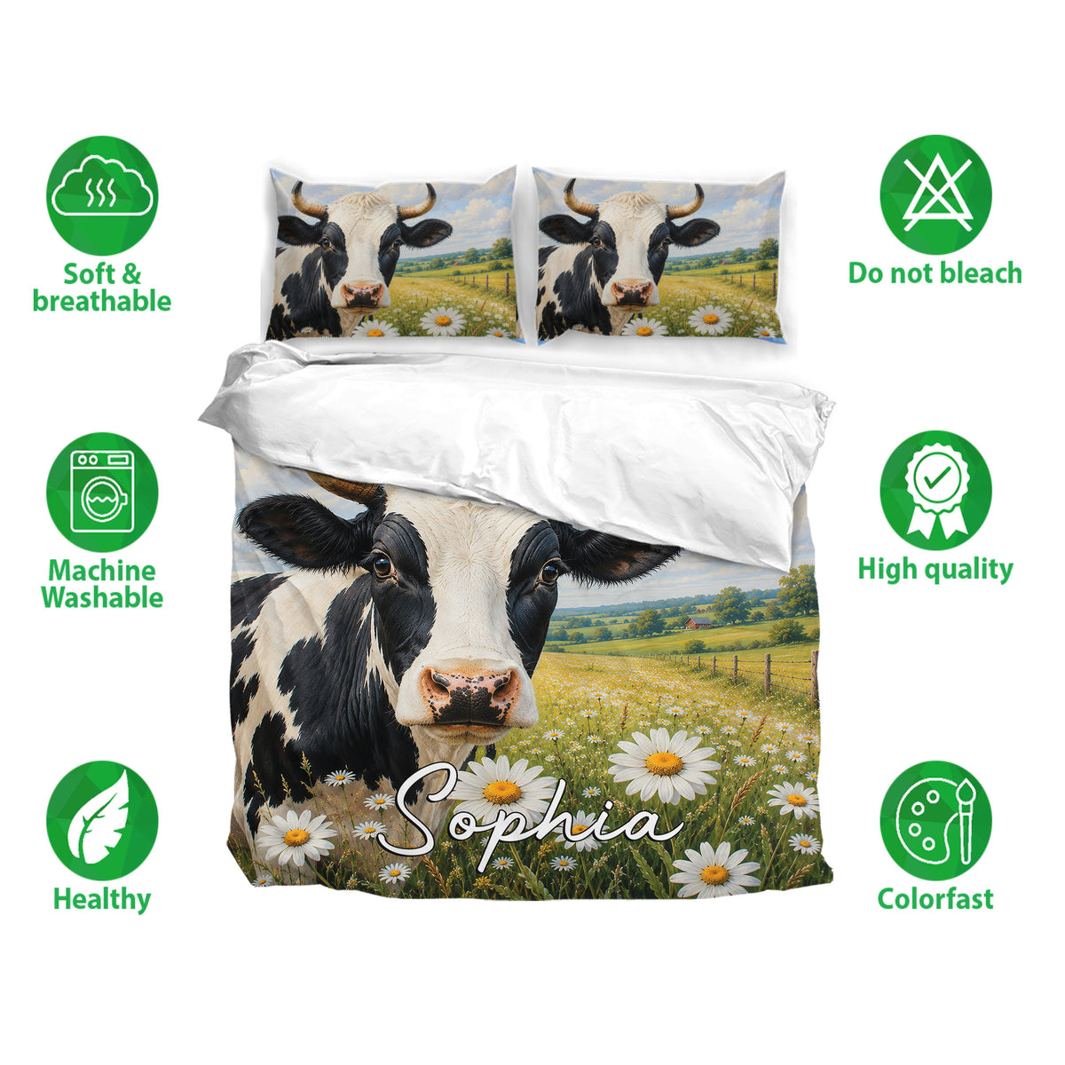 Dairy cow bedding set shown with matching pillowcases and pastoral meadow artwork in soft blue and green tones