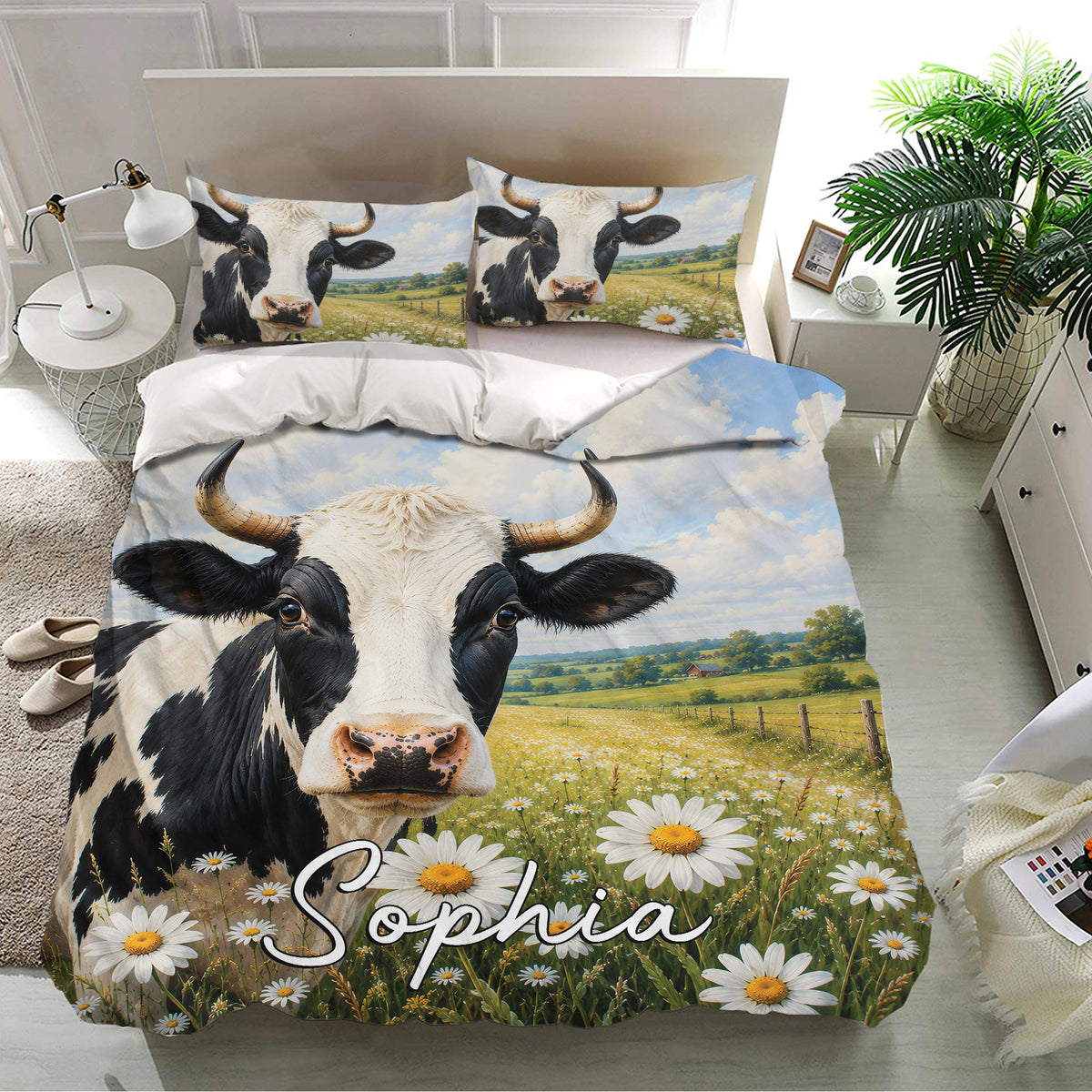 Dairy cow bedding set presented in a bright bedroom with matching pillowcases and countryside meadow design