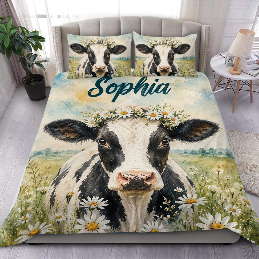 Dairy cow duvet cover set with daisy flower crown artwork displayed on a modern bedroom