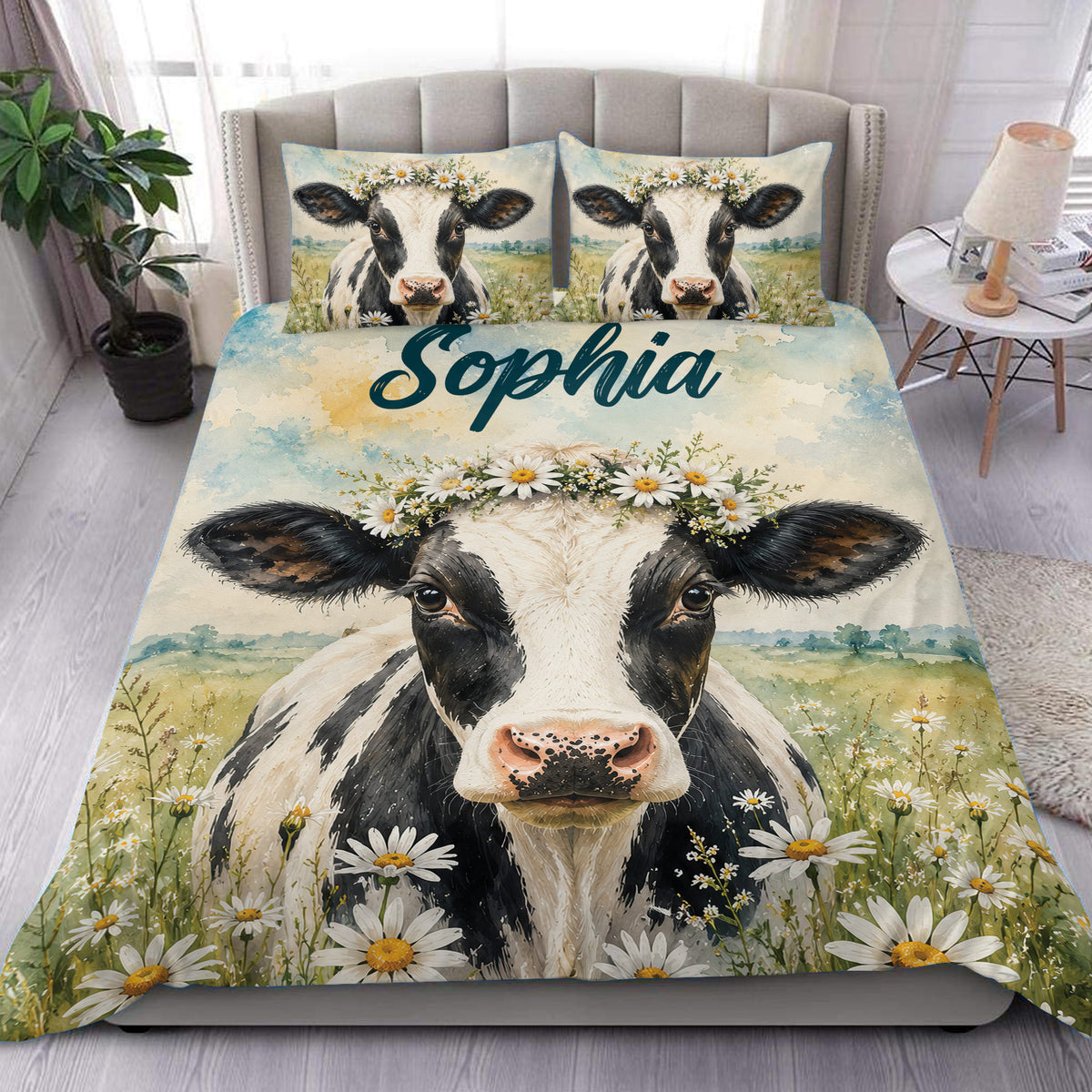 Dairy cow duvet cover set with daisy flower crown artwork displayed on a modern bedroom