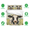 Dairy cow bedding set with pastoral daisy artwork shown with soft breathable fabric care icons
