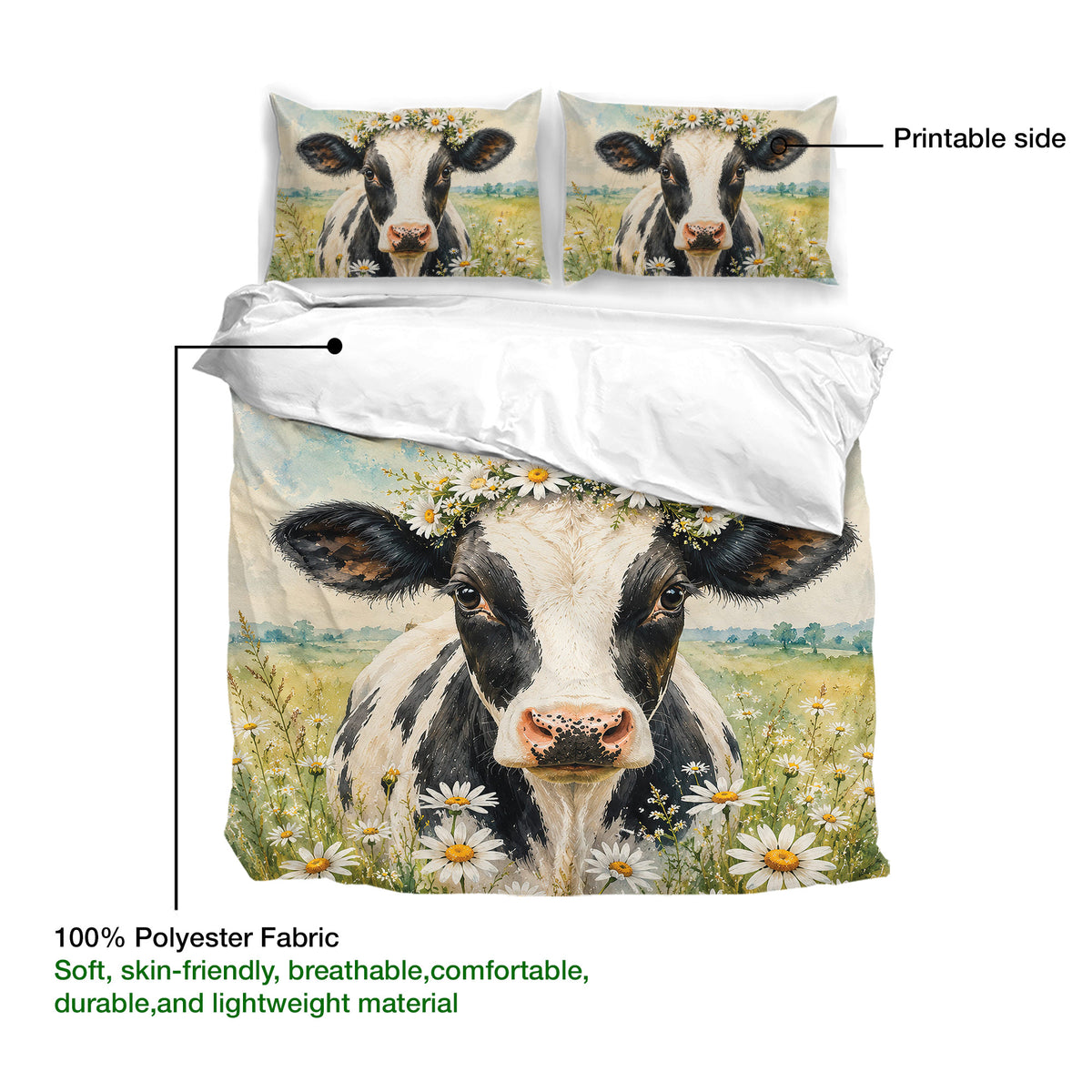 Dairy cow duvet cover set featuring printable daisy field artwork and lightweight fabric details