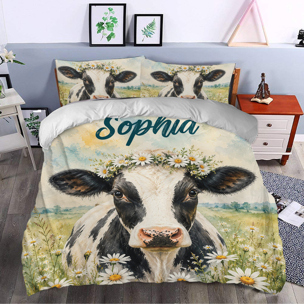 Dairy cow duvet cover bedding displayed in a bright bedroom with floral farmhouse artwork