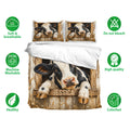Dairy cow bedding set with matching pillowcases and soft breathable fabric feature icons