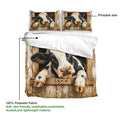 Dairy cow duvet cover and pillowcases shown with printable side and polyester fabric details