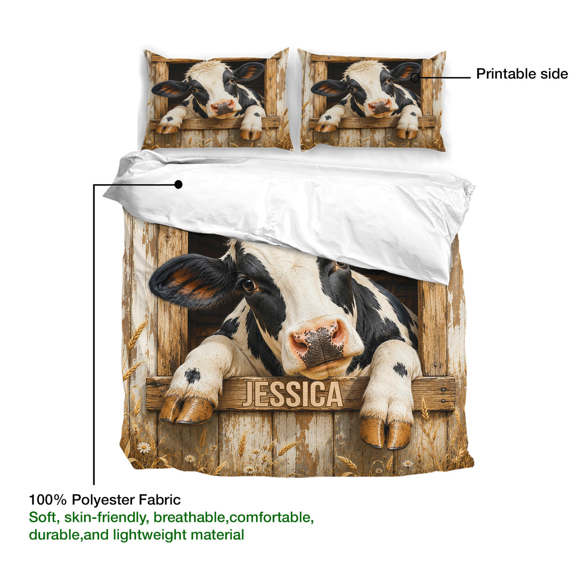 Dairy cow duvet cover and pillowcases shown with printable side and polyester fabric details