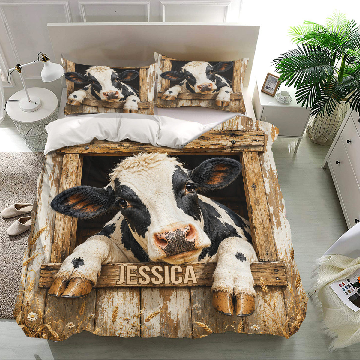 Farmhouse dairy cow duvet cover set displayed in a bright bedroom with rustic wood artwork