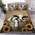 Dairy cow duvet cover set with a rustic calf in a metal tub surrounded by bright sunflowers