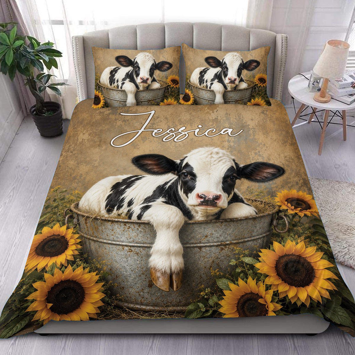 Dairy cow duvet cover set with a rustic calf in a metal tub surrounded by bright sunflowers