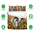 Dairy cow bedding set featuring calf artwork, sunflower accents, and a warm farmhouse-inspired design