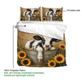 Dairy cow duvet cover with soft breathable fabric and a sunflower calf design shown in a bedding layout