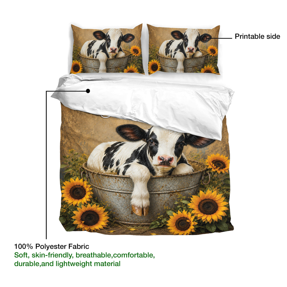 Dairy cow duvet cover with soft breathable fabric and a sunflower calf design shown in a bedding layout
