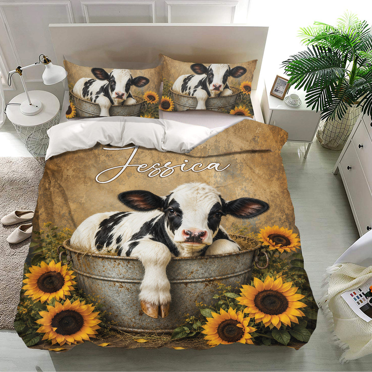 Farmhouse dairy cow bedding set with calf and sunflower artwork displayed on a modern bedroom