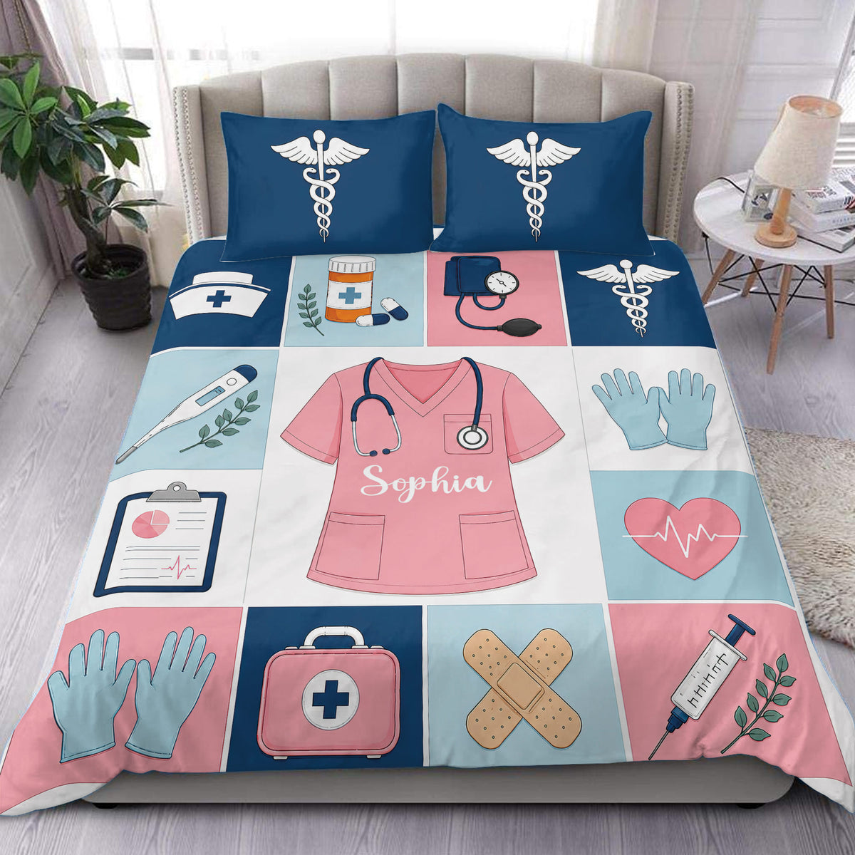 Nurse duvet cover set displayed on a bed with medical symbols, scrubs, stethoscope, gloves, and blue pink panels