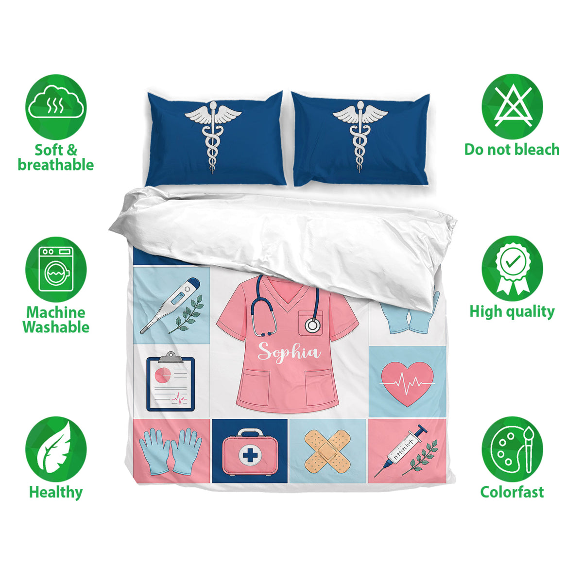 Nurse bedding set shown with medical artwork, blue and pink colors, breathable fabric, and care feature icons