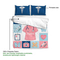 Nurse duvet cover and matching pillowcases shown with medical artwork and soft 100% polyester fabric details